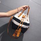 Canvas Stripe Tassel Bucket Crossbody Bag