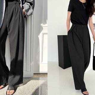 Adjustable-waist Wide-leg Dress Pants Black - One Size