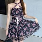 Set: Cropped Floral Print Camisole Top + Mini A-line Skirt Set Of 2 - Pink Flowers - Black - One Size