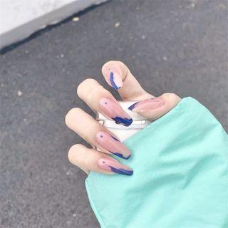 Print Pointed Faux Nail Tips Pd-123 - Blue & Light Pink - One Size