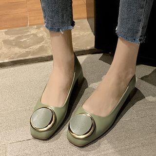 Square Toe Metal Disc Chunky Heel Pumps