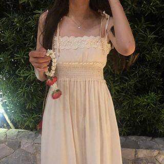 Spaghetti Strap Lace Trim A-line Midi Dress Off-white - One Size
