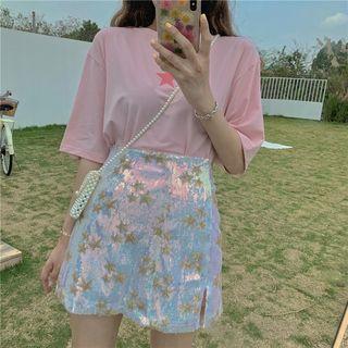 Short-sleeve Star Print T-shirt / Sequined Mini A-line Skirt