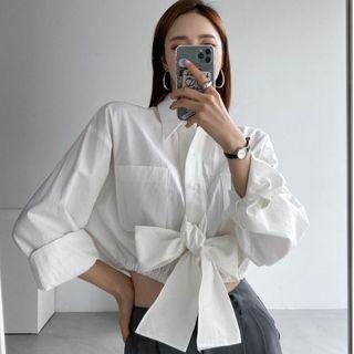 Long Sleeve Bow Detail Crop Shirt