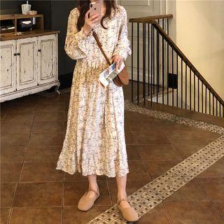 Floral Long-sleeve Midi A-line Dress Almond - One Size