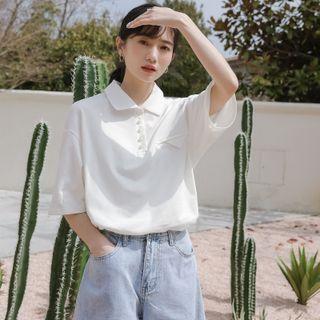 Short-sleeve Faux Pearl Button Polo Shirt White - One Size