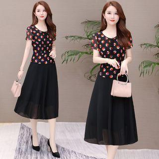 Mock Two-piece Patterned Short-sleeve Chiffon Dress