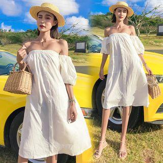 Elbow-sleeve Off Shoulder Buttoned A-line Dress