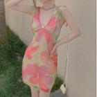 Sleeveless V-neck Print Sheath Dress As Shown In Figure - One Size