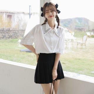 3/4-sleeve Collared Blouse / Pleated Mini A-line Skirt / Set