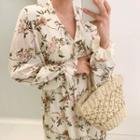 Bell-sleeve Floral Print Long Dress Ivory - One Size