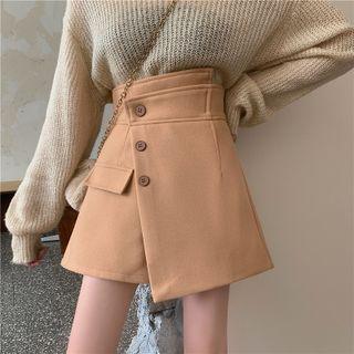 High-waist Plain Asymmetric Woolen A-line Skorts