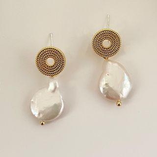 Disc Alloy Freshwater Pearl Dangle Earring 1 Pair - Gold - One Size