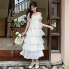 Spaghetti-strap Layered Midi A-line Dress White - One Size