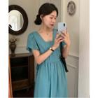 Short Sleeve Square Neck Plain Shirred Lace Up Dress