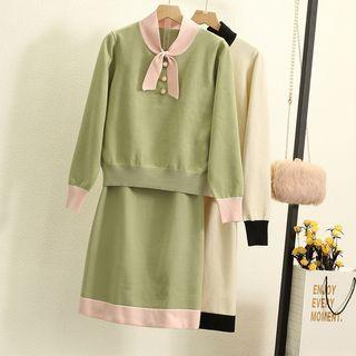 Set: Faux Pearl Tie-neck Knit Top + A-line Knit Skirt