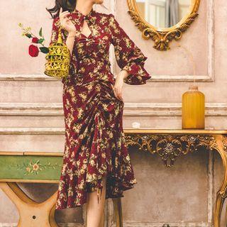 3/4-sleeve Floral Print Drawcord Midi Mermaid Dress