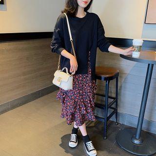 Mock Two-piece Floral Print Midi Pullover Dress