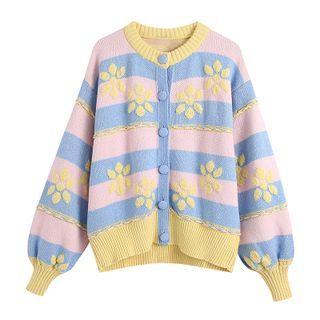 Lantern-sleeve Flower Print Striped Cardigan