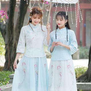 3/4-sleeve Floral Embroidered Qipao Top / Midi A-line Skirt / Set