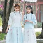 3/4-sleeve Floral Embroidered Qipao Top / Midi A-line Skirt / Set