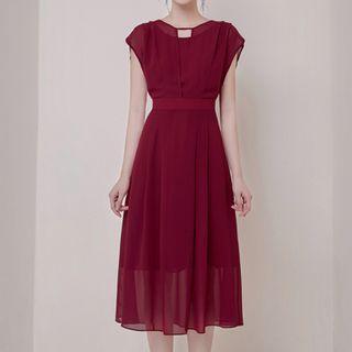 Plain Cap-sleeve Midi A-line Dress