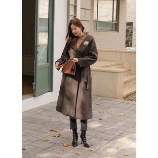 Hooded Shawl-collar Long Robe Coat With Sash