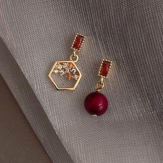 Non-matching Alloy Hexagon & Bead Dangle Earring 1 Pair - Red - One Size