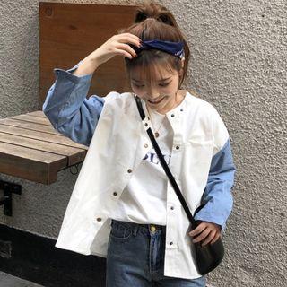 Color Block Buttoned Jacket White - One Size