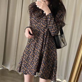 Long-sleeve Floral Print Mini A-line Dress Floral - Dark Blue & Yellow - One Size