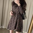 Long-sleeve Floral Print Mini A-line Dress Floral - Dark Blue & Yellow - One Size