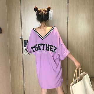 V-neck Embroidered 3/4-sleeve T-shirt Dress