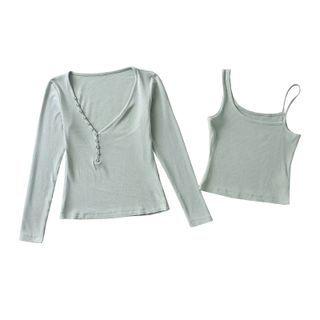 Set: Long-sleeve Button-up T-shirt + Asymmetrical Camisole Top