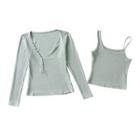 Set: Long-sleeve Button-up T-shirt + Asymmetrical Camisole Top