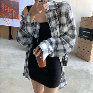 Plain Mini Bodycon Tank Dress / Plaid Long-sleeve Shirt