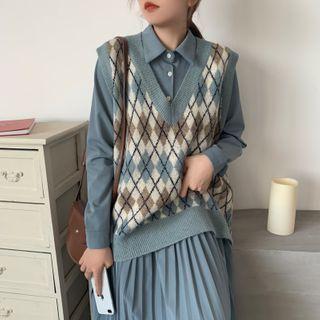 Long-sleeve Pleated Midi A-line Shirtdress / Argyle Sweater Vest