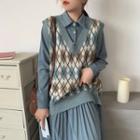 Long-sleeve Pleated Midi A-line Shirtdress / Argyle Sweater Vest