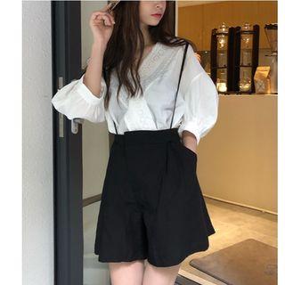 V-neck Eyelet Lace Elbow-sleeve Blouse / Wide-leg Suspender Shorts