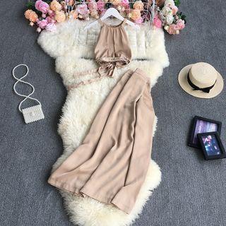Set: Sleeveless Tie-waist Crop Top + Midi A-line Skirt