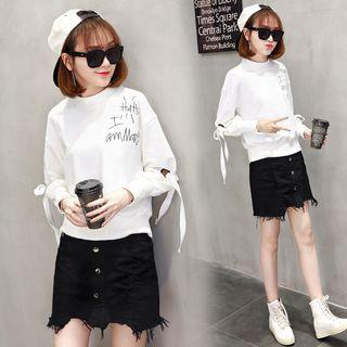 Long-sleeve Lettering Bow-accent Top