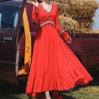 Long-sleeve Embroidered Fringed Midi A-line Dress
