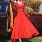 Long-sleeve Embroidered Fringed Midi A-line Dress