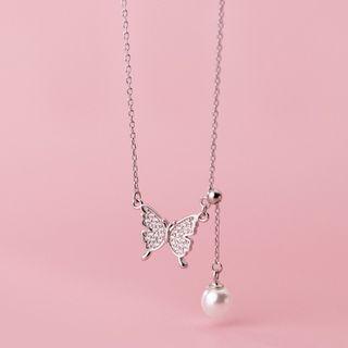 Butterfly Rhinestone Faux Pearl Pendant Sterling Silver Choker