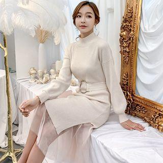 Set: Long-sleeve Mock-neck Knit Dress + Sheer Midi Skirt