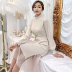 Set: Long-sleeve Mock-neck Knit Dress + Sheer Midi Skirt