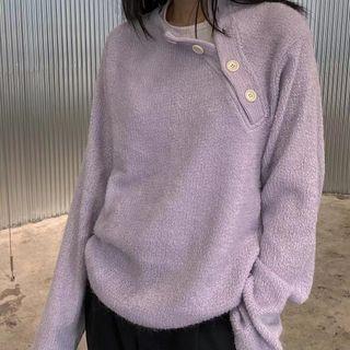 Long-sleeve Diagonal Button Plain Chenille Top