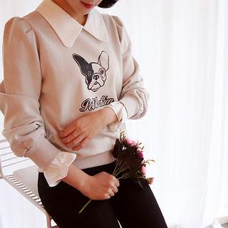 Puff-sleeve Contrast-trim Printed Top