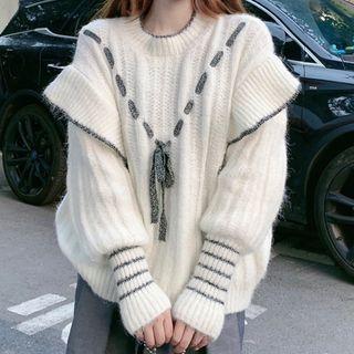 Contrast Stitching Ribbed Knit Sweater White - One Size