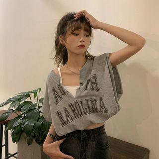 Mock Two-piece Lettering Cropped Suspender Top