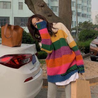 Contrast Stitch Striped Sweater Beige & Yellow & Green - One Size